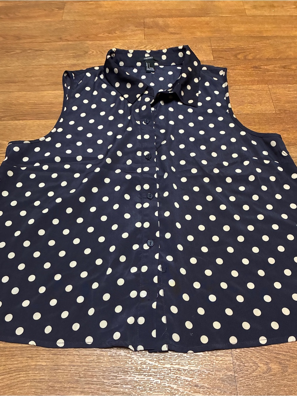 Forever 21 Navy Blue and Tan Polka Dot Sleeveless Button-Up Top